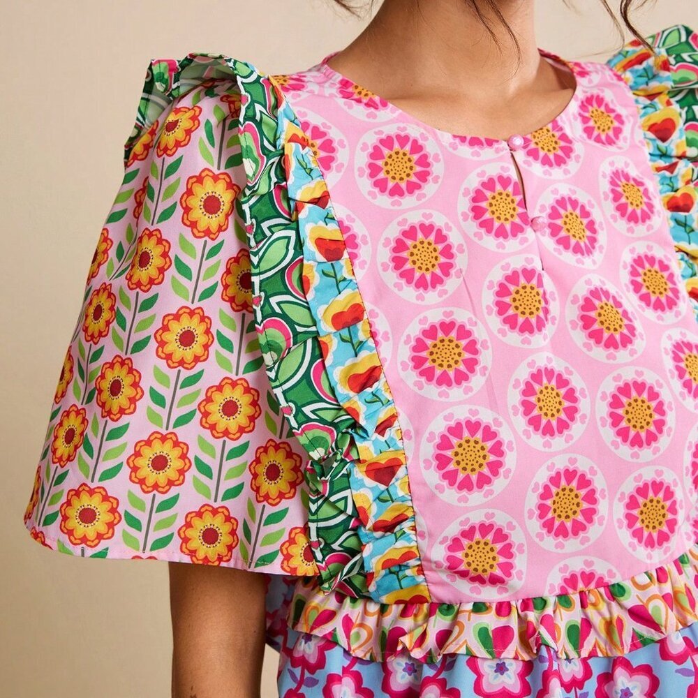 Multicolor Boho Women's Floral Patchwork Cropped Blouse with Ruffle Hem - Picture 6 of 6